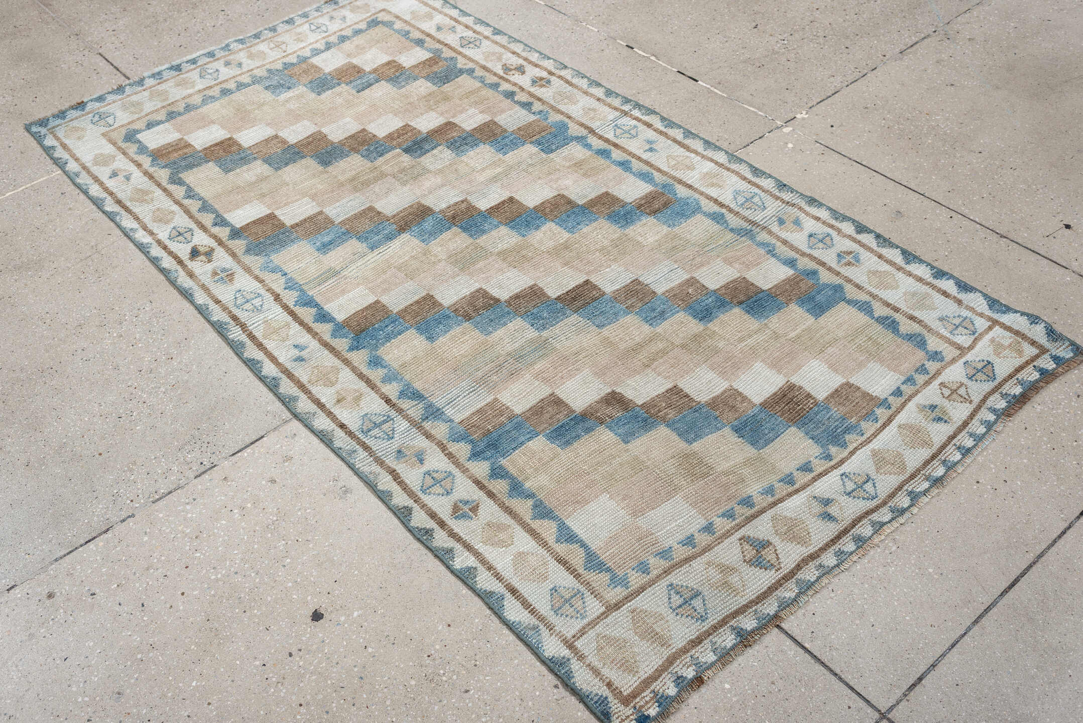 3' x 6' one-of-a-kind handmade antique Gabbe small size rug. Color palette: ivory, camel, sky blue, taupe, beige, sand