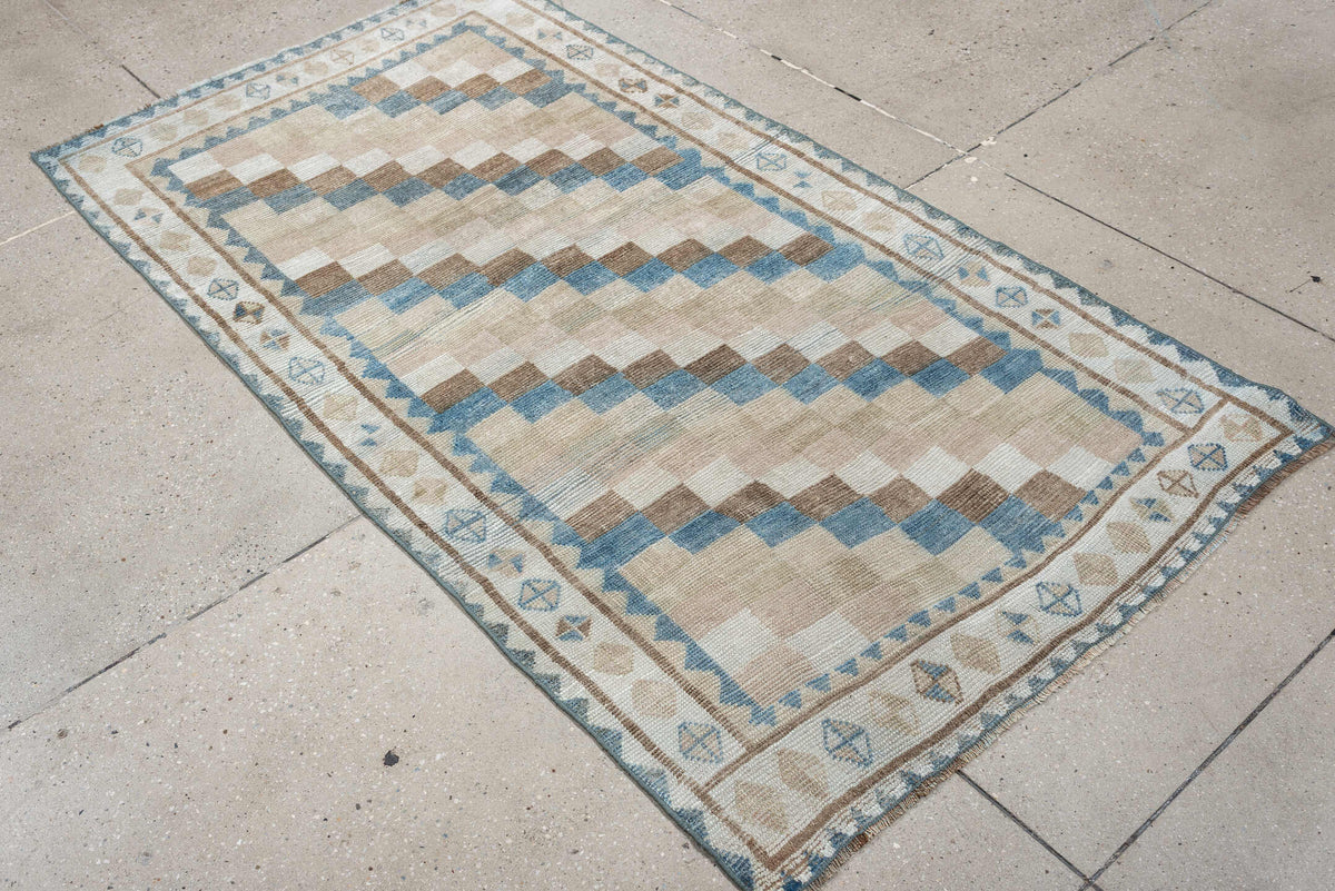 3' x 6' one-of-a-kind handmade antique Gabbe small size rug. Color palette: ivory, camel, sky blue, taupe, beige, sand
