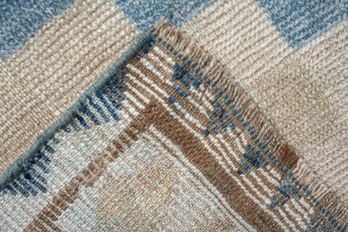 3' x 6' one-of-a-kind handmade antique Gabbe small size rug. Color palette: ivory, camel, sky blue, taupe, beige, sand