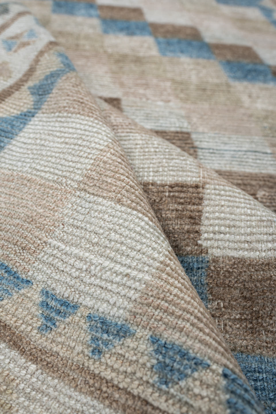 3' x 6' one-of-a-kind handmade antique Gabbe small size rug. Color palette: ivory, camel, sky blue, taupe, beige, sand