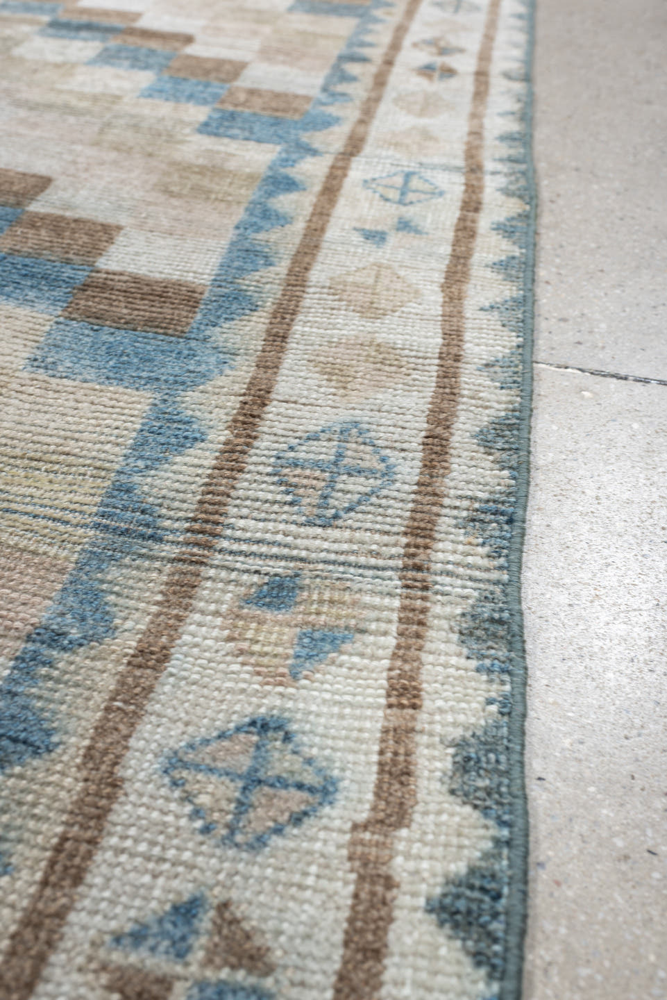 3' x 6' one-of-a-kind handmade antique Gabbe small size rug. Color palette: ivory, camel, sky blue, taupe, beige, sand