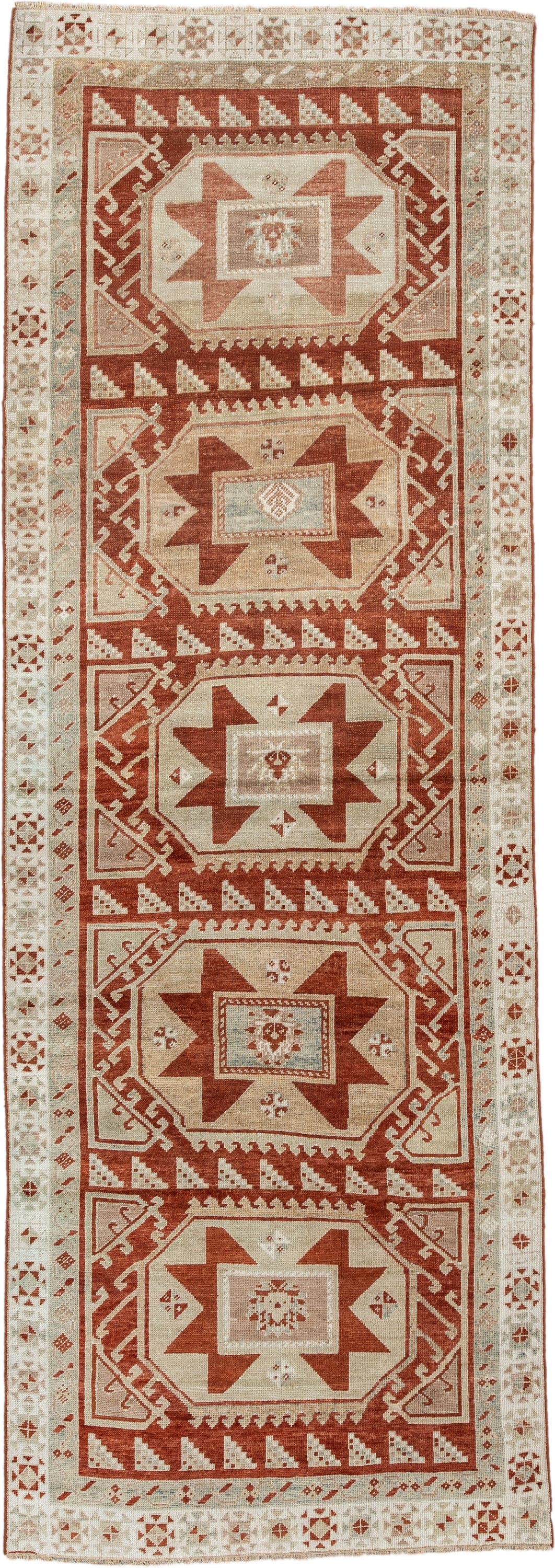 3' x 10' one-of-a-kind handmade vintage Caucasian runner rug. Color palette: ivory, terracotta, rust, blue gray, taupe