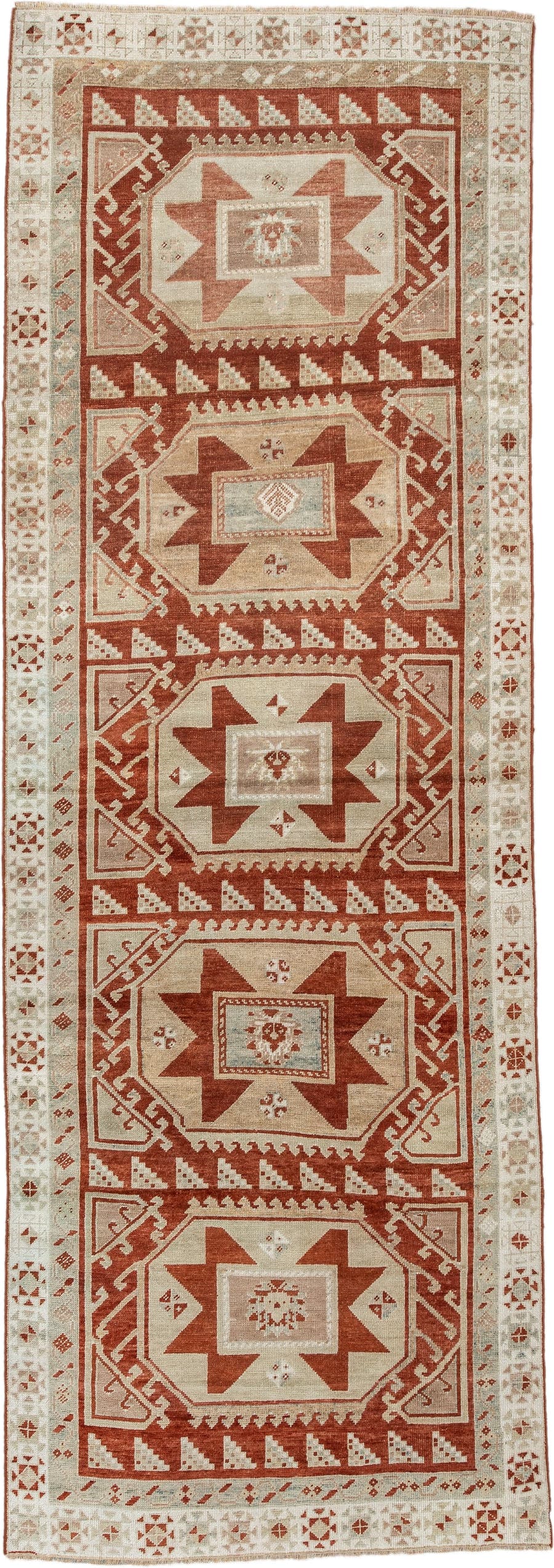 3' x 10' one-of-a-kind handmade vintage Caucasian runner rug. Color palette: ivory, terracotta, rust, blue gray, taupe