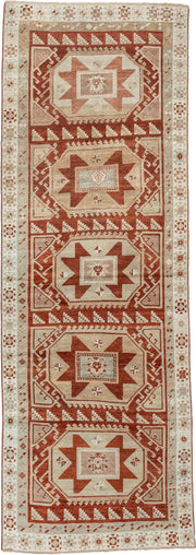 3' x 10' one-of-a-kind handmade vintage Caucasian runner rug. Color palette: ivory, terracotta, rust, blue gray, taupe