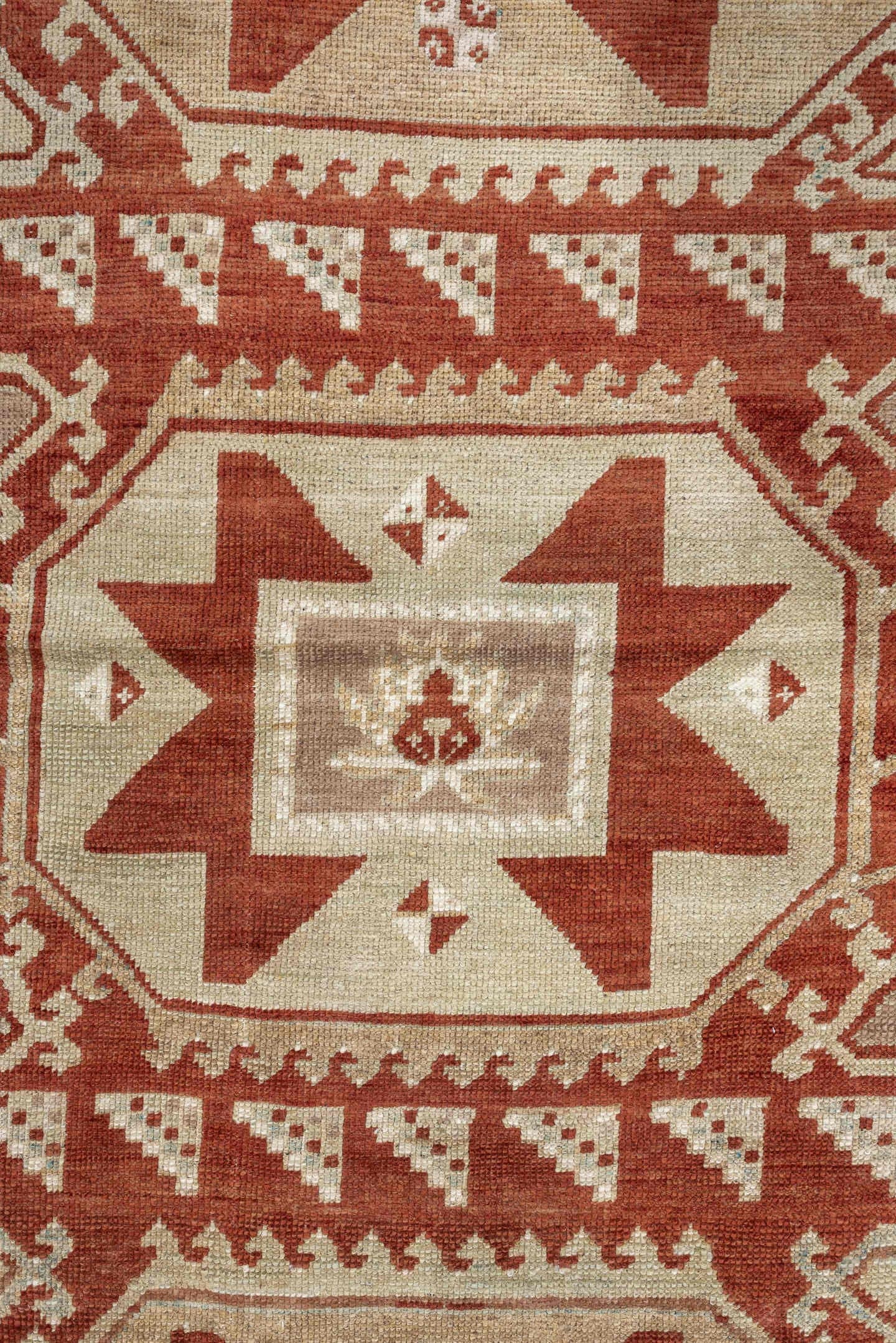 3' x 10' one-of-a-kind handmade vintage Caucasian runner rug. Color palette: ivory, terracotta, rust, blue gray, taupe