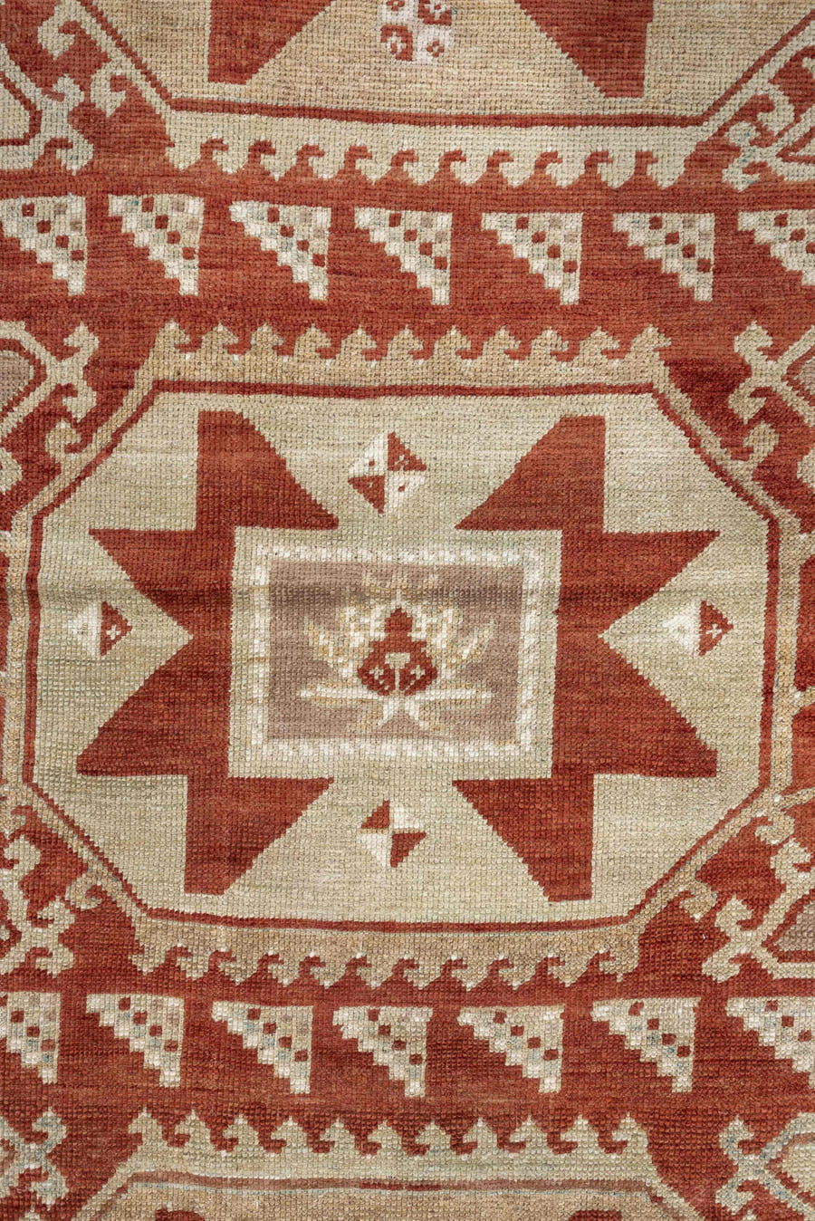 3' x 10' one-of-a-kind handmade vintage Caucasian runner rug. Color palette: ivory, terracotta, rust, blue gray, taupe