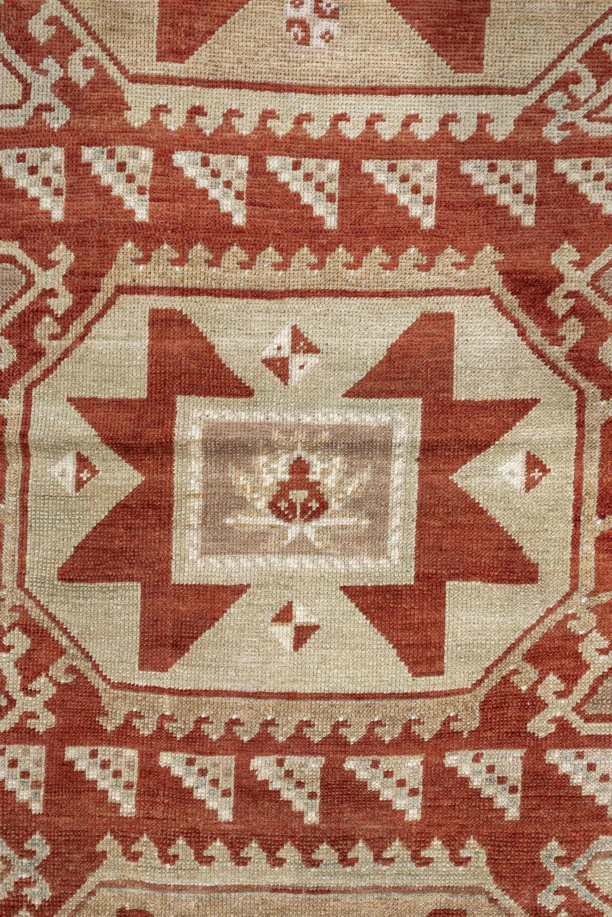 3' x 10' one-of-a-kind handmade vintage Caucasian runner rug. Color palette: ivory, terracotta, rust, blue gray, taupe