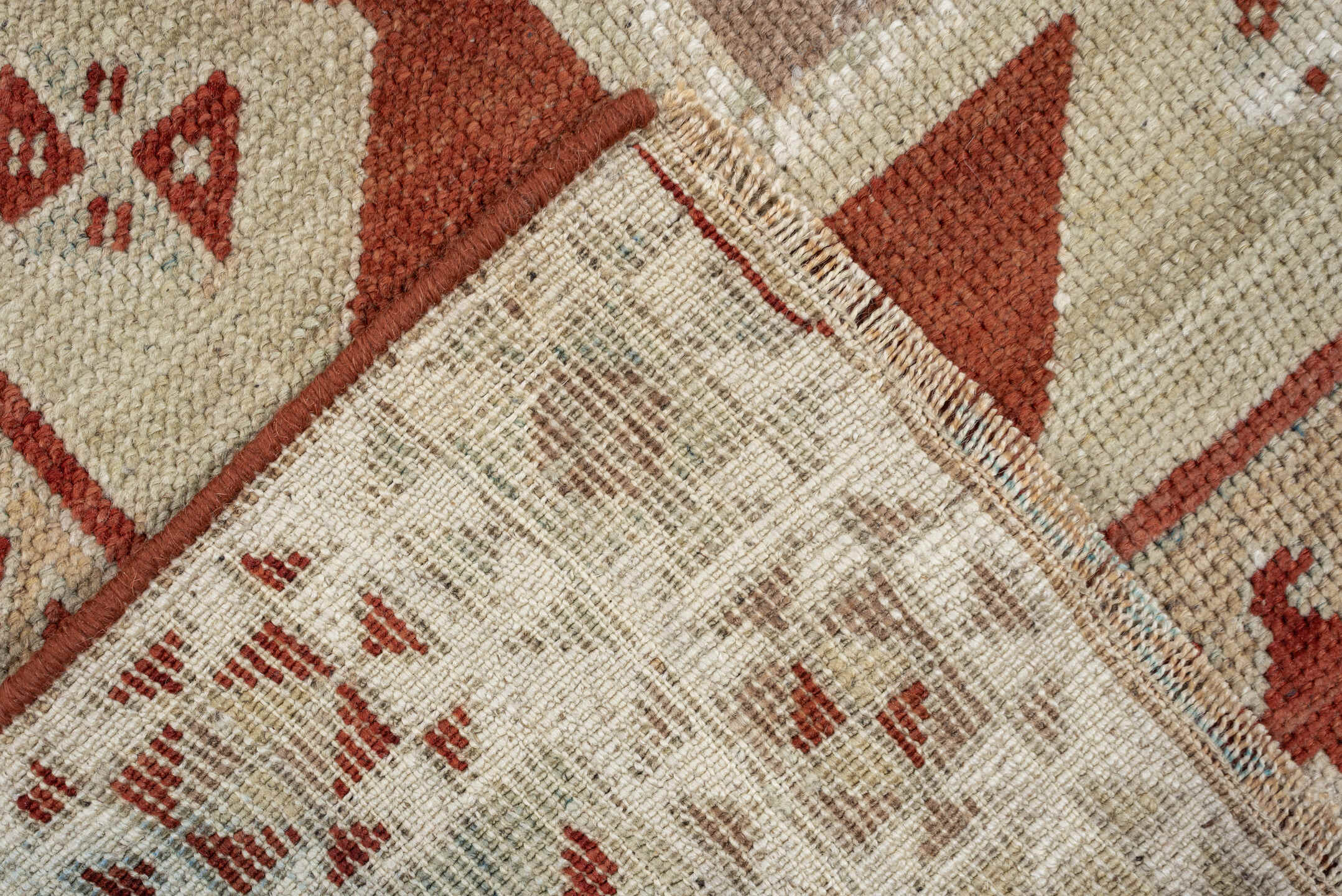 3' x 10' one-of-a-kind handmade vintage Caucasian runner rug. Color palette: ivory, terracotta, rust, blue gray, taupe