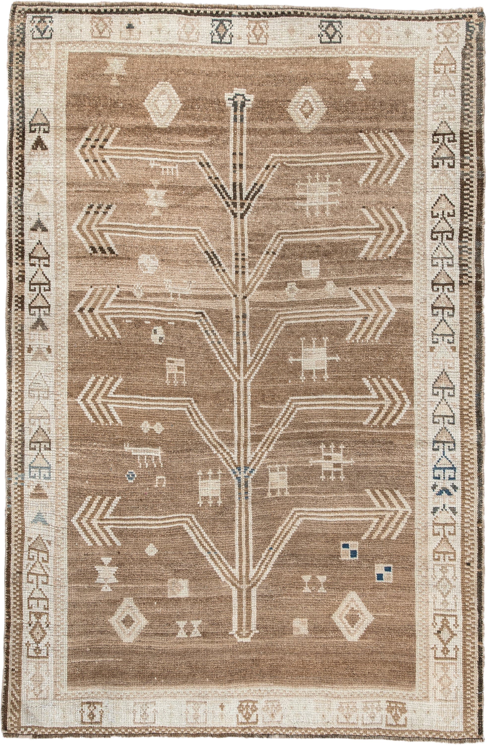 4' x 6' one-of-a-kind handmade antique Gabbeh small size rug. Color palette: camel, ivory, taupe, brown, charcoal, blue