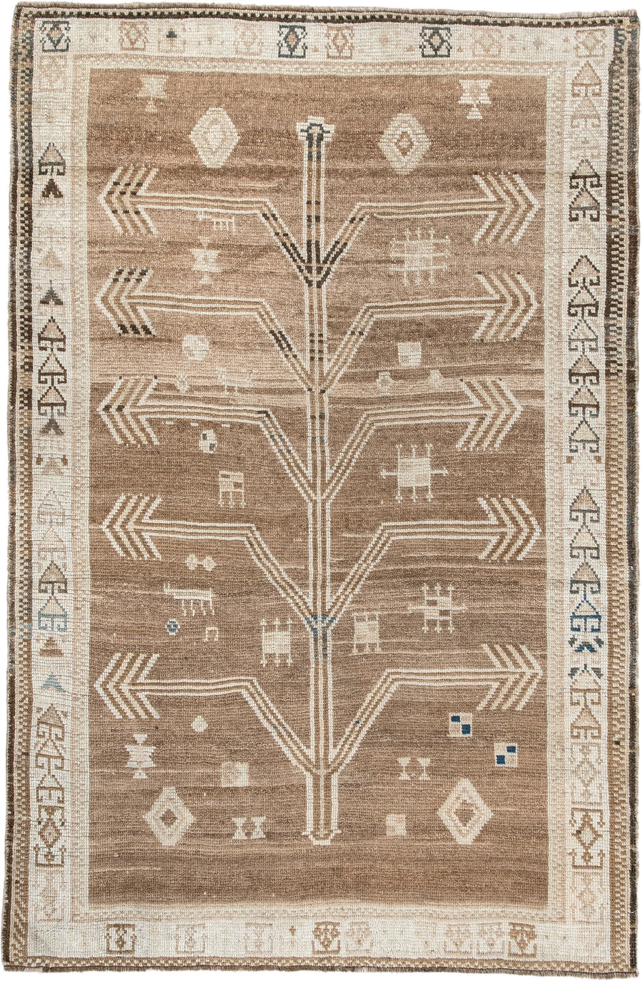 4' x 6' one-of-a-kind handmade antique Gabbeh small size rug. Color palette: camel, ivory, taupe, brown, charcoal, blue