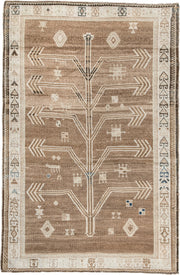 4' x 6' one-of-a-kind handmade antique Gabbeh small size rug. Color palette: camel, ivory, taupe, brown, charcoal, blue