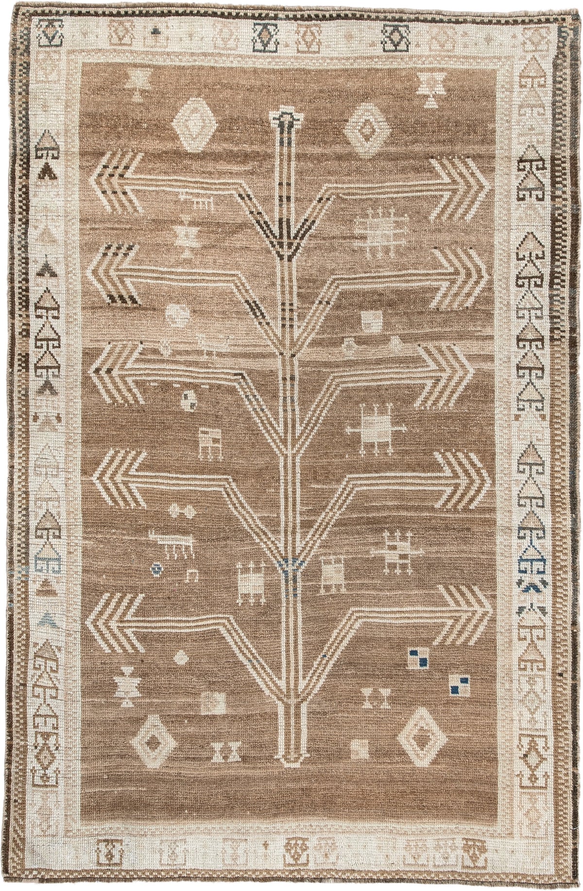 4' x 6' one-of-a-kind handmade antique Gabbeh small size rug. Color palette: camel, ivory, taupe, brown, charcoal, blue