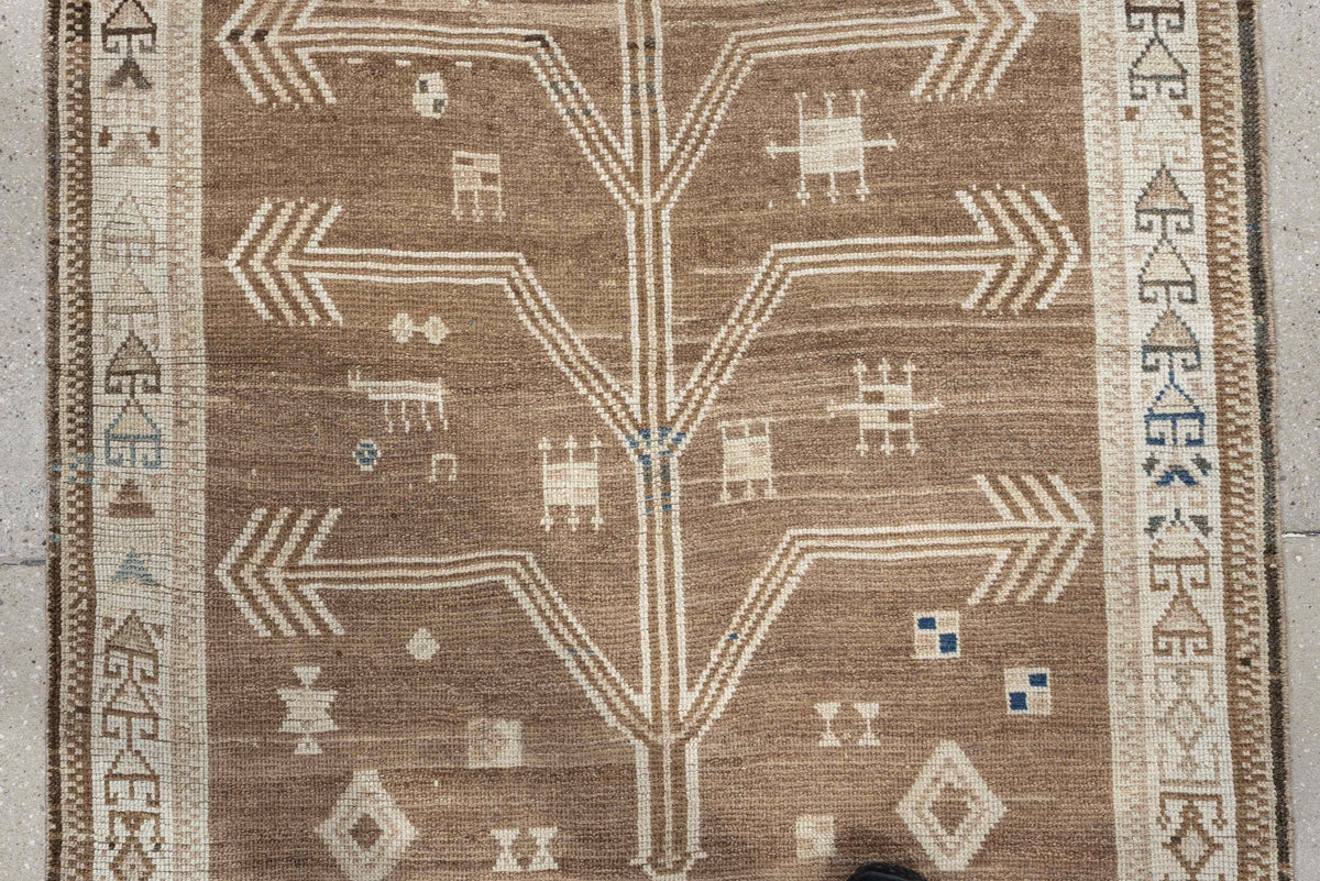 4' x 6' one-of-a-kind handmade antique Gabbeh small size rug. Color palette: camel, ivory, taupe, brown, charcoal, blue