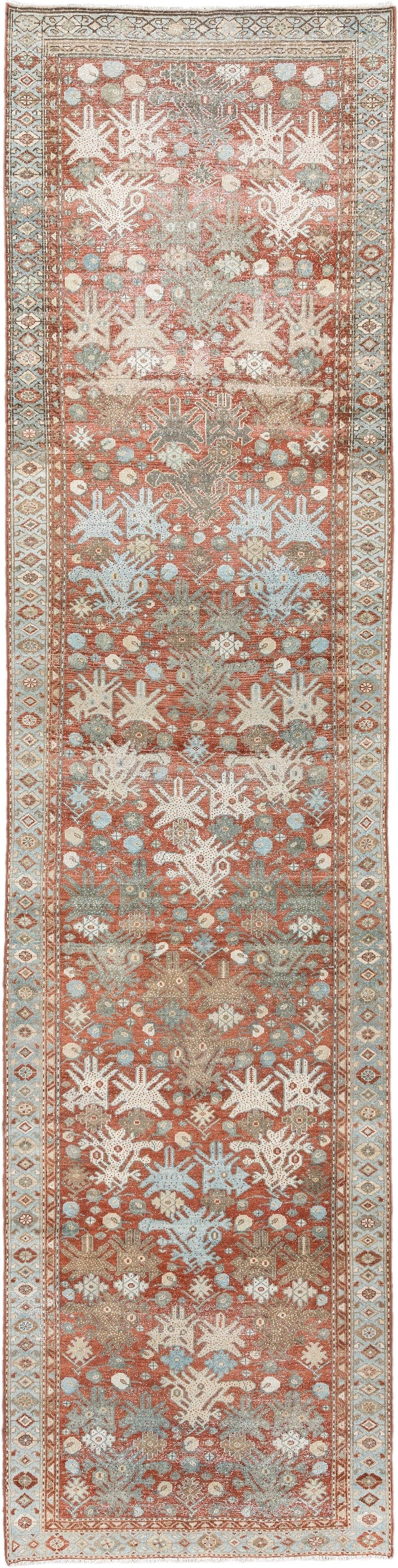 3' x 12' one-of-a-kind handmade antique Malayer runner rug. Color palette: terracotta, ivory, pale blue, sage, taupe, rust