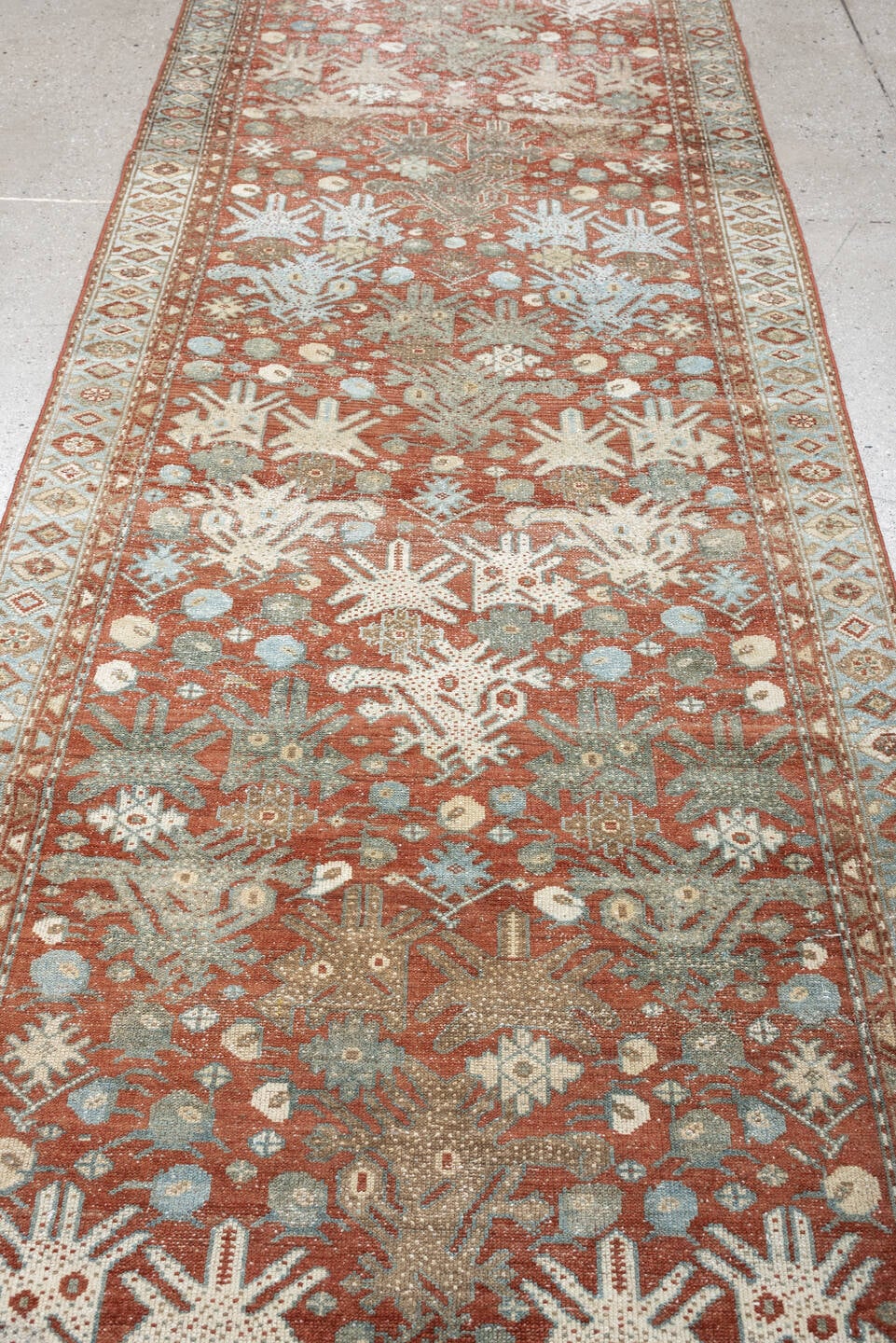 3' x 12' one-of-a-kind handmade antique Malayer runner rug. Color palette: terracotta, ivory, pale blue, sage, taupe, rust