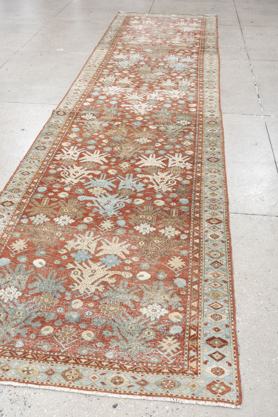 3' x 12' one-of-a-kind handmade antique Malayer runner rug. Color palette: terracotta, ivory, pale blue, sage, taupe, rust