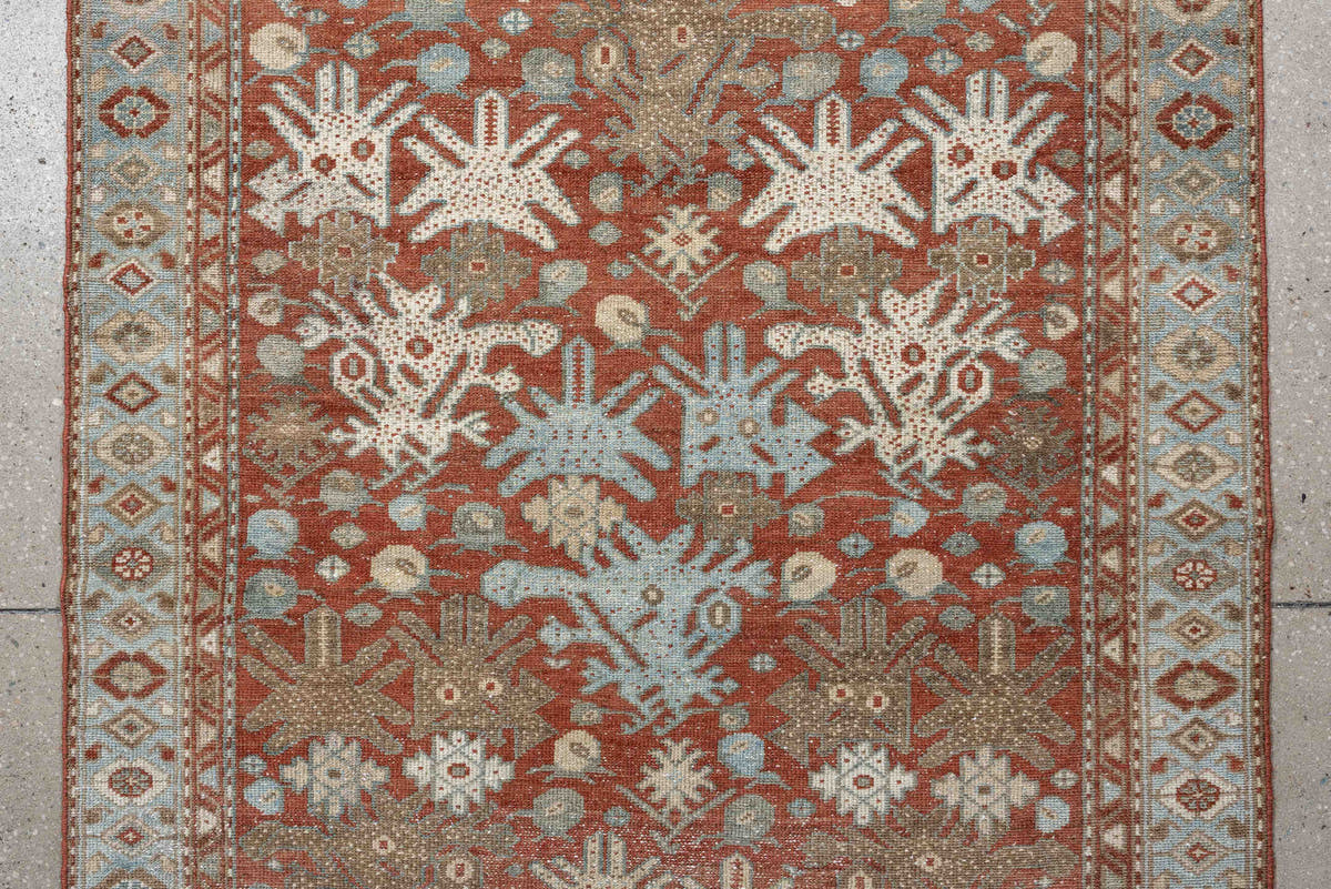 3' x 12' one-of-a-kind handmade antique Malayer runner rug. Color palette: terracotta, ivory, pale blue, sage, taupe, rust