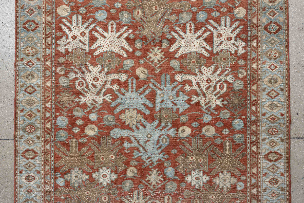 3' x 12' one-of-a-kind handmade antique Malayer runner rug. Color palette: terracotta, ivory, pale blue, sage, taupe, rust