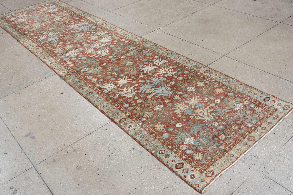 3' x 12' one-of-a-kind handmade antique Malayer runner rug. Color palette: terracotta, ivory, pale blue, sage, taupe, rust