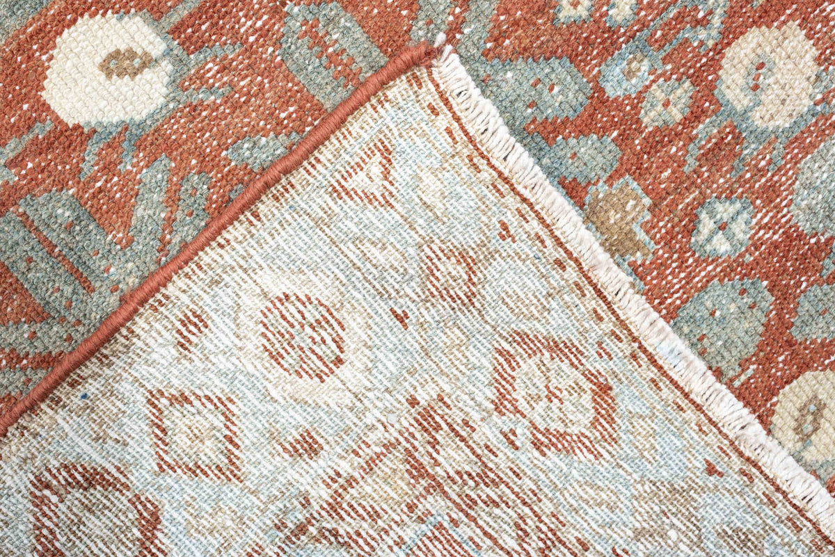 3' x 12' one-of-a-kind handmade antique Malayer runner rug. Color palette: terracotta, ivory, pale blue, sage, taupe, rust