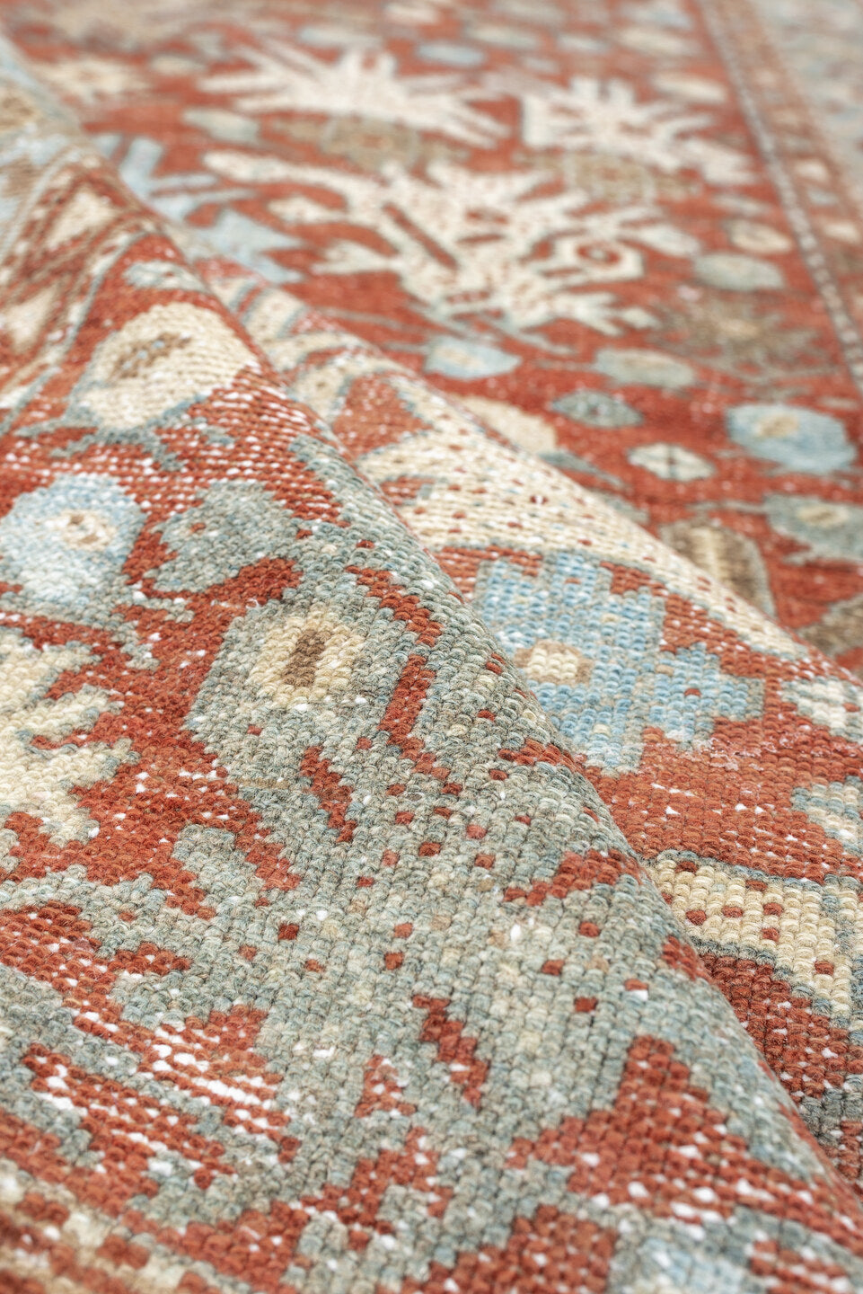 3' x 12' one-of-a-kind handmade antique Malayer runner rug. Color palette: terracotta, ivory, pale blue, sage, taupe, rust