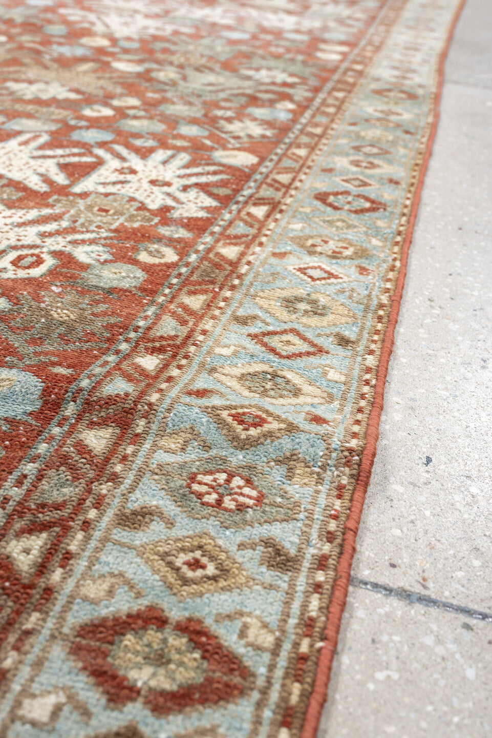 3' x 12' one-of-a-kind handmade antique Malayer runner rug. Color palette: terracotta, ivory, pale blue, sage, taupe, rust
