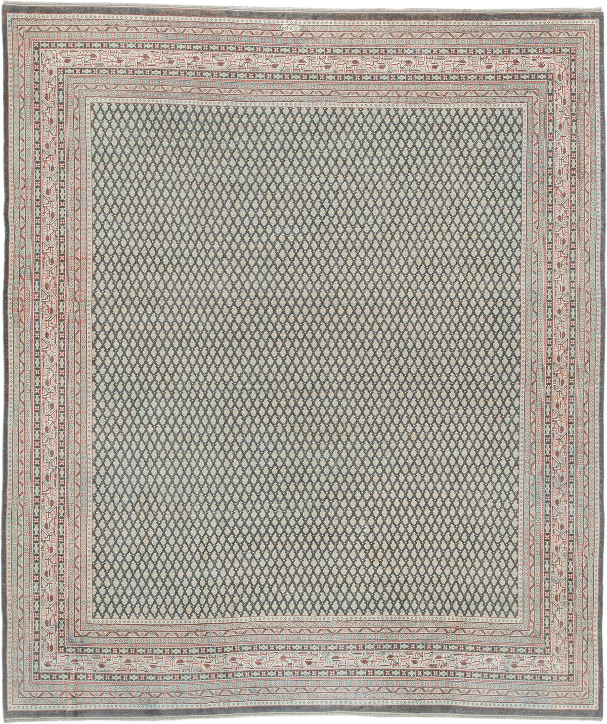 8' x 9' one-of-a-kind handmade antique Mir large size rug. Color palette: ivory, pale blue, rust, charcoal, taupe