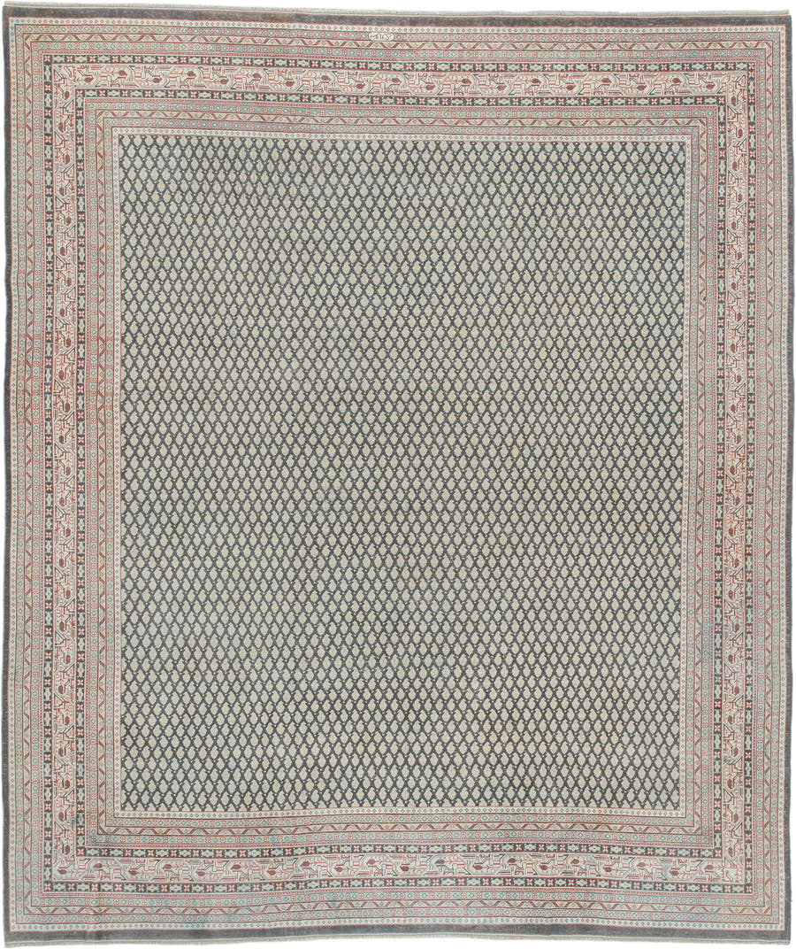 8' x 9' one-of-a-kind handmade antique Mir large size rug. Color palette: ivory, pale blue, rust, charcoal, taupe