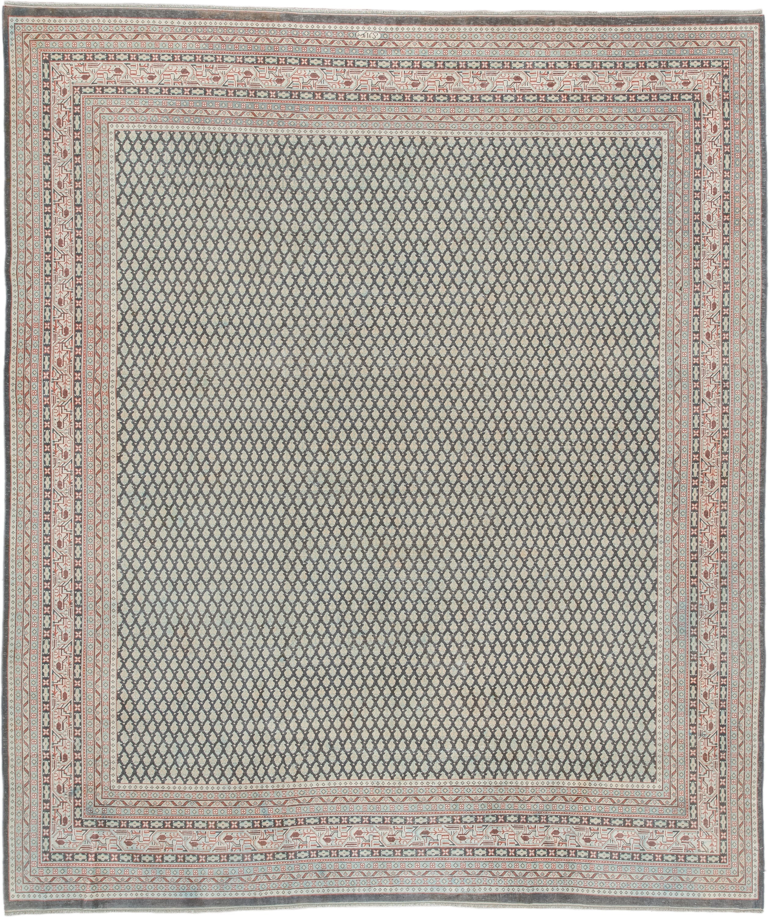 8' x 9' one-of-a-kind handmade antique Mir large size rug. Color palette: ivory, pale blue, rust, charcoal, taupe