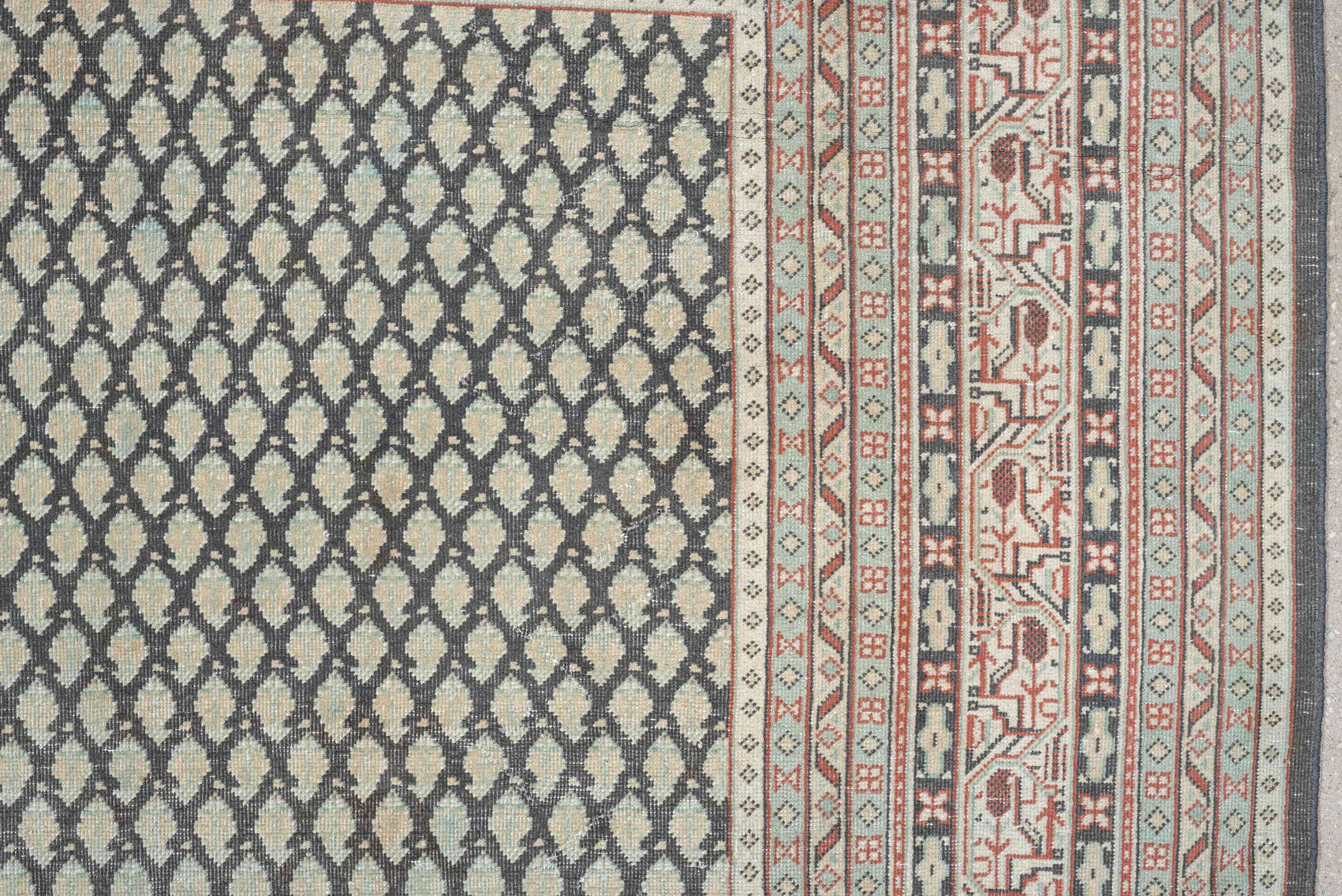 8' x 9' one-of-a-kind handmade antique Mir large size rug. Color palette: ivory, pale blue, rust, charcoal, taupe