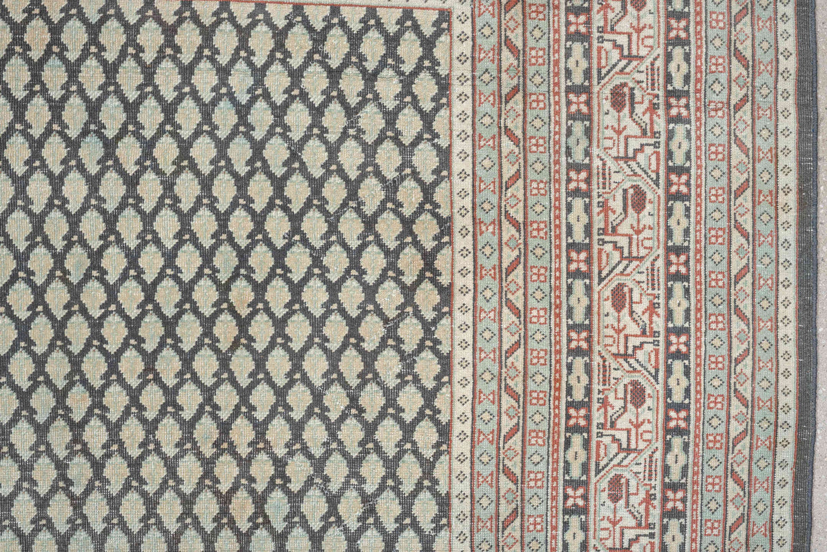 8' x 9' one-of-a-kind handmade antique Mir large size rug. Color palette: ivory, pale blue, rust, charcoal, taupe