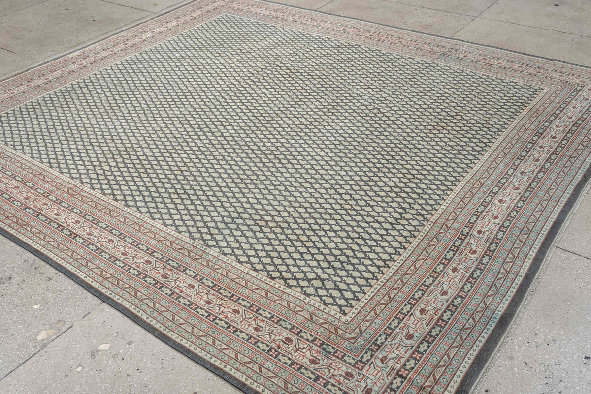 8' x 9' one-of-a-kind handmade antique Mir large size rug. Color palette: ivory, pale blue, rust, charcoal, taupe