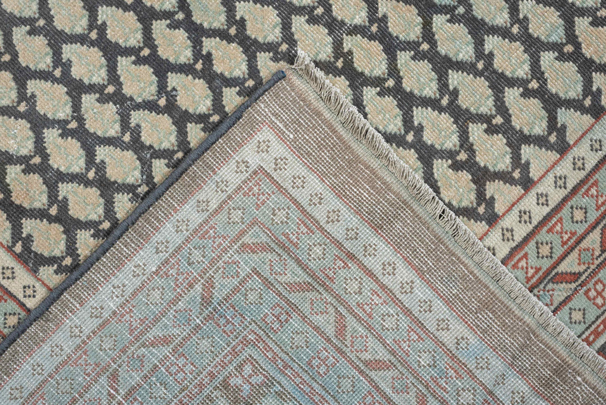 8' x 9' one-of-a-kind handmade antique Mir large size rug. Color palette: ivory, pale blue, rust, charcoal, taupe