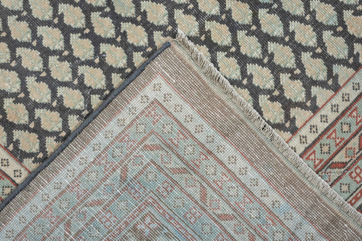 8' x 9' one-of-a-kind handmade antique Mir large size rug. Color palette: ivory, pale blue, rust, charcoal, taupe
