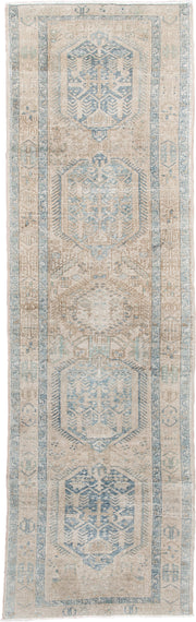 3' x 11' one-of-a-kind handmade antique Heriz runner rug. Color palette: ivory, pale blue, beige, taupe, camel, light blue