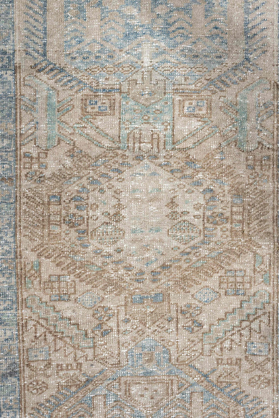 3' x 11' one-of-a-kind handmade antique Heriz runner rug. Color palette: ivory, pale blue, beige, taupe, camel, light blue