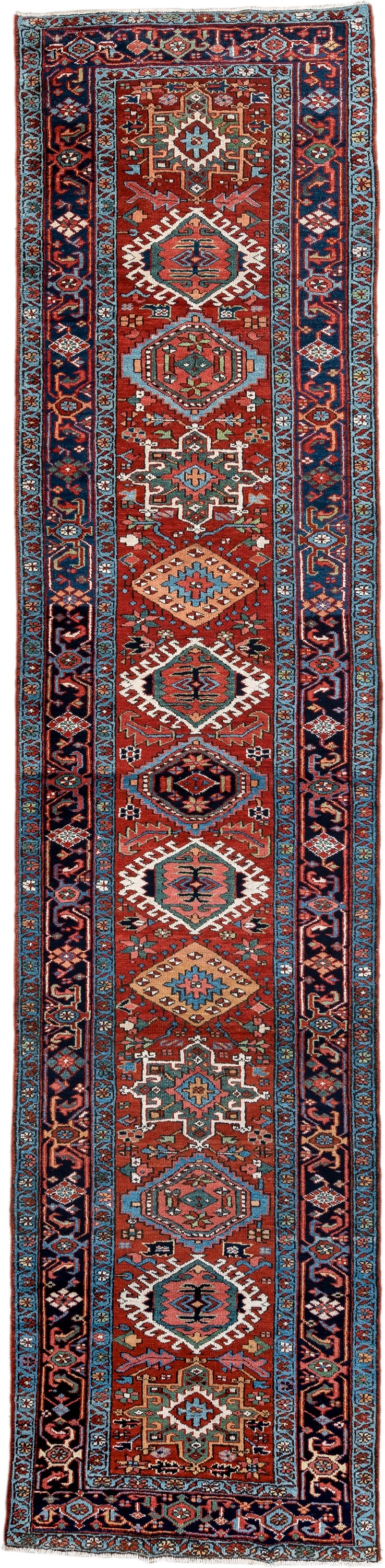 3' x 15' one-of-a-kind handmade antique Karaje runner rug. Color palette: rust, navy, teal, ivory, coral, light blue