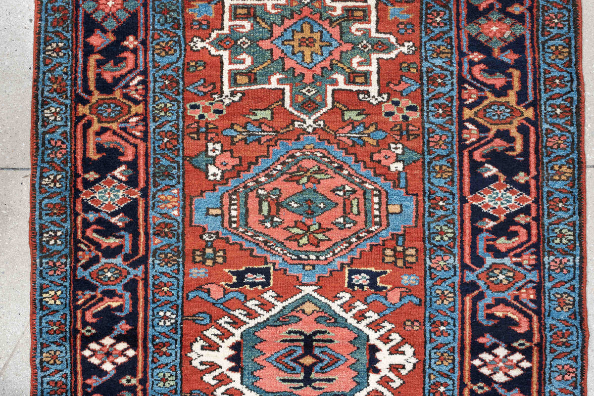 3' x 15' one-of-a-kind handmade antique Karaje runner rug. Color palette: rust, navy, teal, ivory, coral, light blue