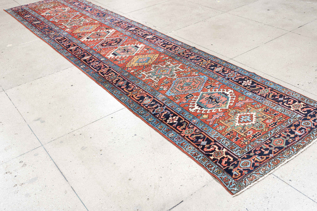 3' x 15' one-of-a-kind handmade antique Karaje runner rug. Color palette: rust, navy, teal, ivory, coral, light blue