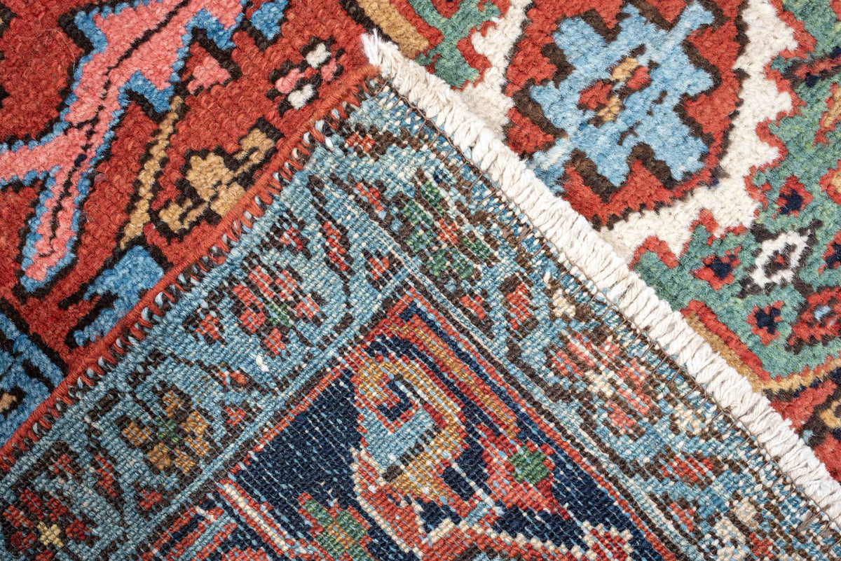 3' x 15' one-of-a-kind handmade antique Karaje runner rug. Color palette: rust, navy, teal, ivory, coral, light blue