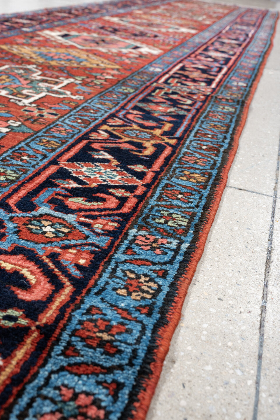 3' x 15' one-of-a-kind handmade antique Karaje runner rug. Color palette: rust, navy, teal, ivory, coral, light blue