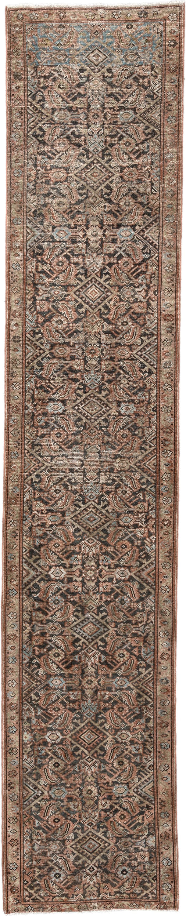2' x 12' one-of-a-kind handmade antique Malayer runner rug. Color palette: charcoal, terracotta, ivory, taupe, blue gray