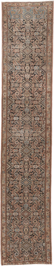 2' x 12' one-of-a-kind handmade antique Malayer runner rug. Color palette: charcoal, terracotta, ivory, taupe, blue gray