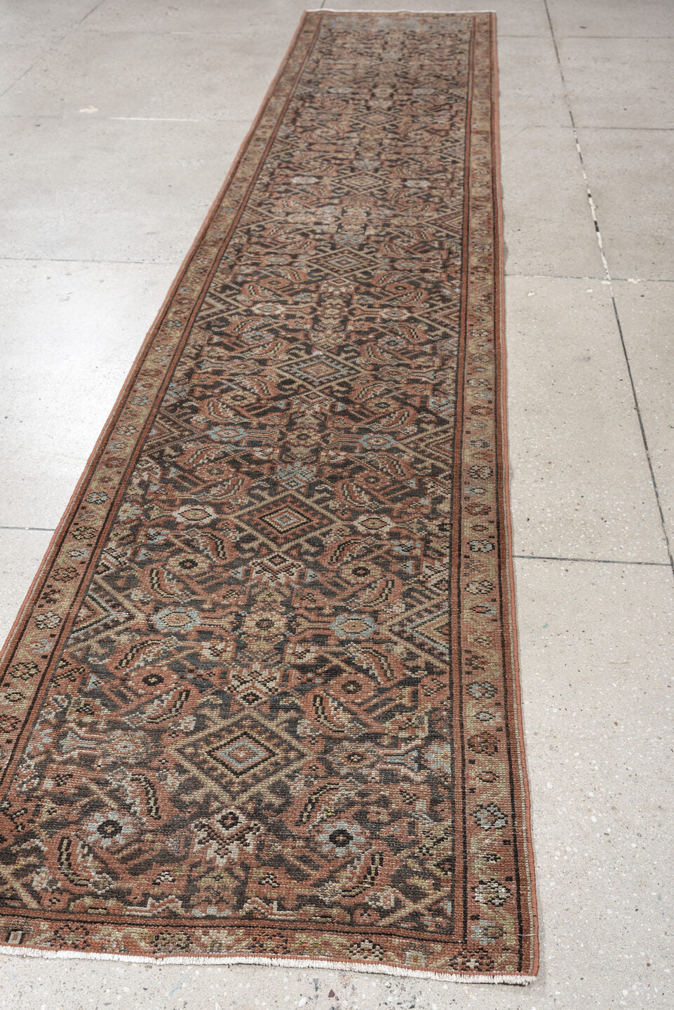 2' x 12' one-of-a-kind handmade antique Malayer runner rug. Color palette: charcoal, terracotta, ivory, taupe, blue gray