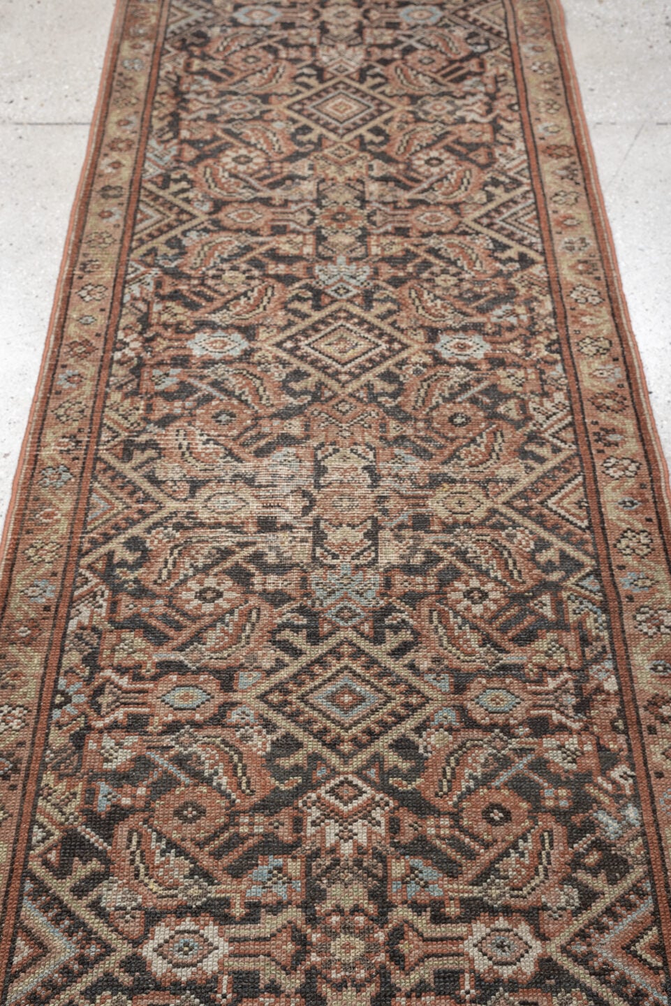 2' x 12' one-of-a-kind handmade antique Malayer runner rug. Color palette: charcoal, terracotta, ivory, taupe, blue gray