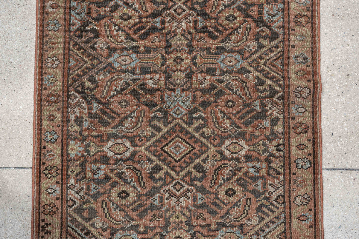 2' x 12' one-of-a-kind handmade antique Malayer runner rug. Color palette: charcoal, terracotta, ivory, taupe, blue gray