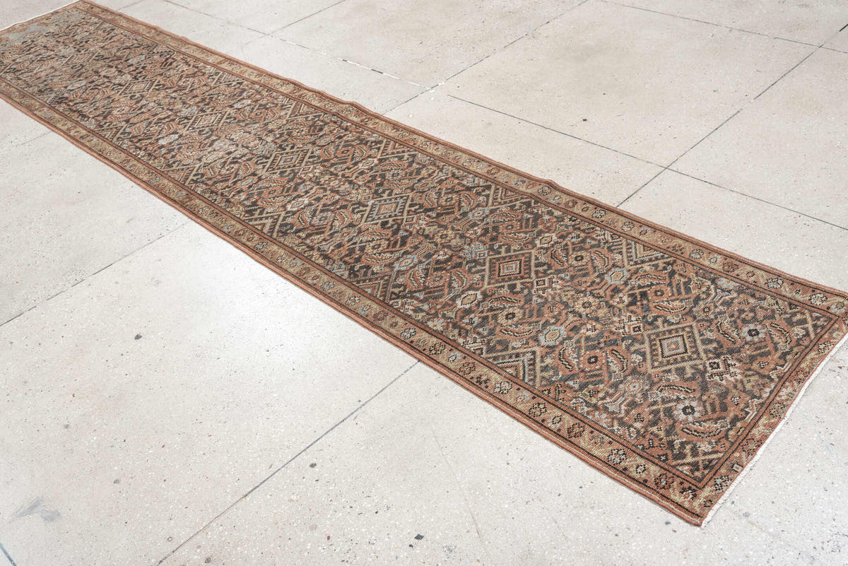 2' x 12' one-of-a-kind handmade antique Malayer runner rug. Color palette: charcoal, terracotta, ivory, taupe, blue gray