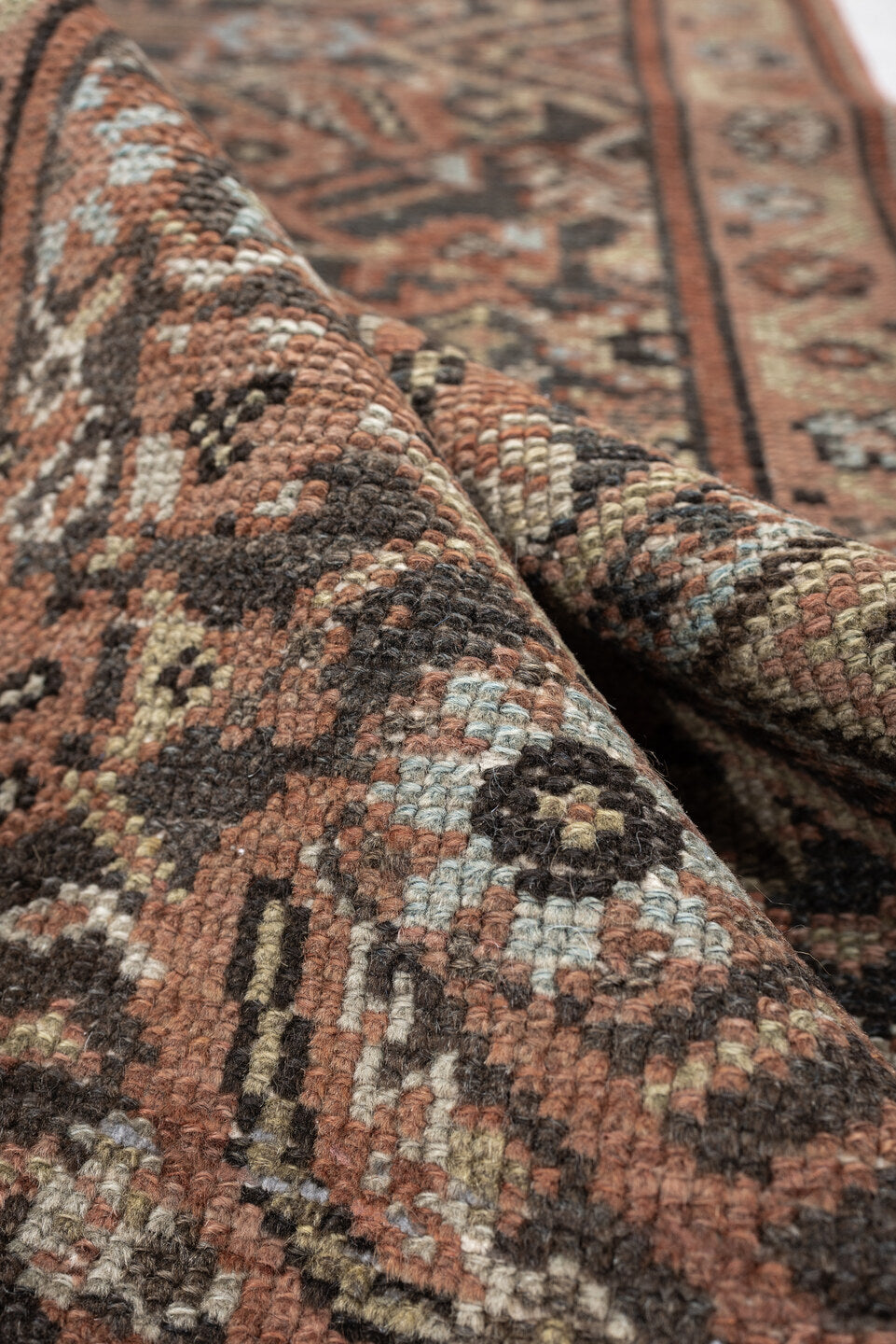 2' x 12' one-of-a-kind handmade antique Malayer runner rug. Color palette: charcoal, terracotta, ivory, taupe, blue gray