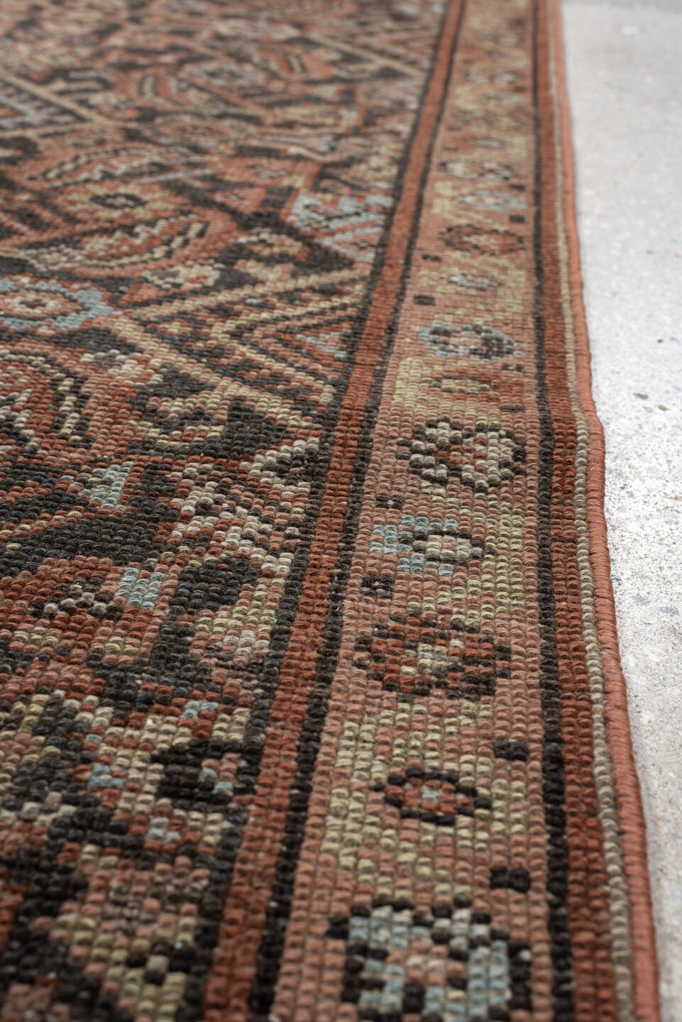 2' x 12' one-of-a-kind handmade antique Malayer runner rug. Color palette: charcoal, terracotta, ivory, taupe, blue gray