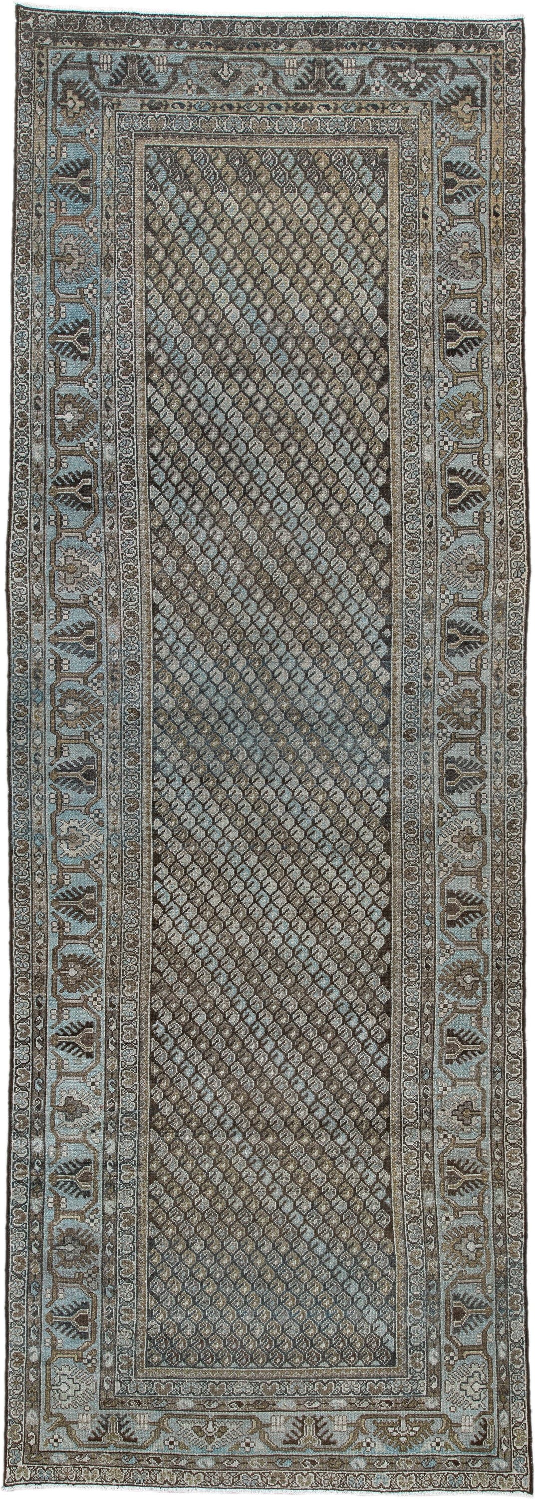 3' x 9' one-of-a-kind handmade antique Malayer runner rug. Color palette: blue gray, taupe, brown, ivory, charcoal, gold